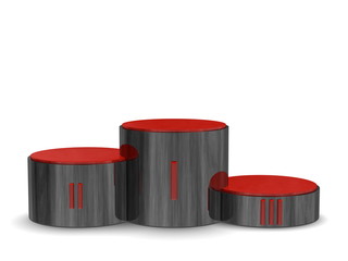 Black reflective cylindrical podium, Roman numerals. Front view