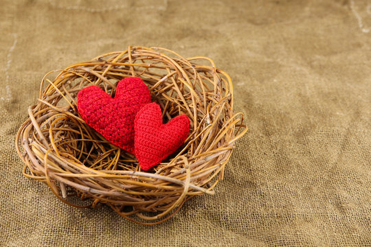 Two handmade hearts in the nest