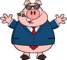 Businessman Pig With Sunglasses,Cigar And Open Arms