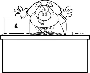 Black And White Businessman Pig Cartoon Character Behind Desk