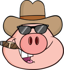 Pig Head Cartoon Character With Sunglasses,Cowboy Hat And Cigar.
