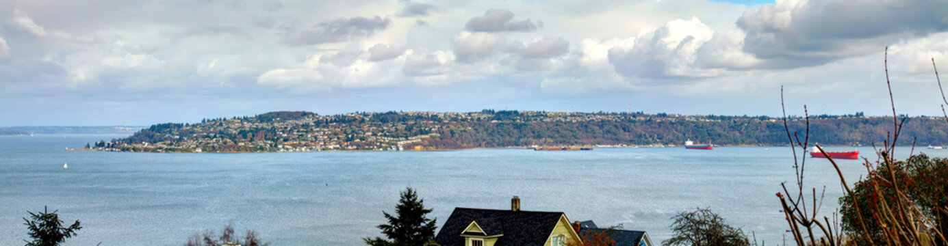 Stunning panoramic view on the  bay from a backyard porch