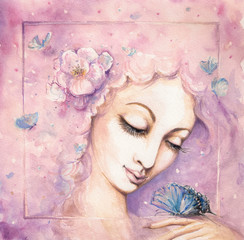 Spring.Beautiful woman with butterflies in hair. © dannywilde