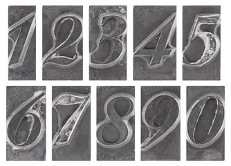 Old metal type numbers isolated on white