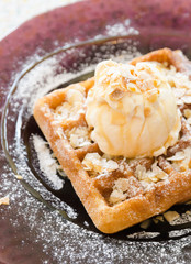 Vanilla Ice Cream Scoop On Waffle