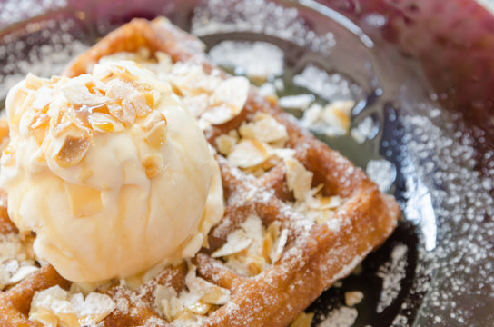 vanilla Ice Cream Scoop On Waffle