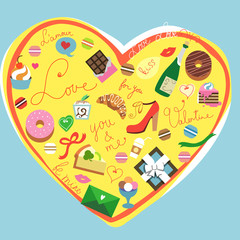 Love gifts framed in heart shape for Valentine's Day