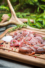 Fresh venison on the background of antlers and spruce