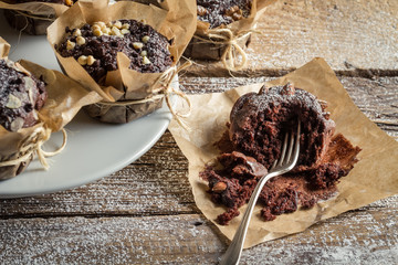 Enjoy freshly baked chocolate muffins