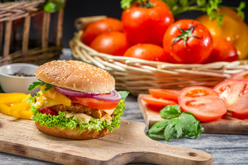 Closeup of homemade burger made ​​from fresh vegetables