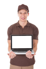 Delivery Man Holding Laptop