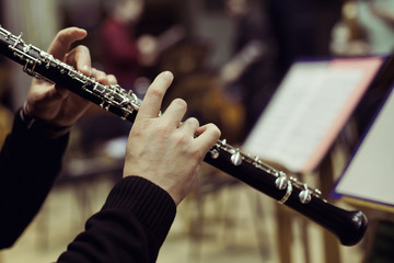 Human hands playing the oboe - obrazy, fototapety, plakaty