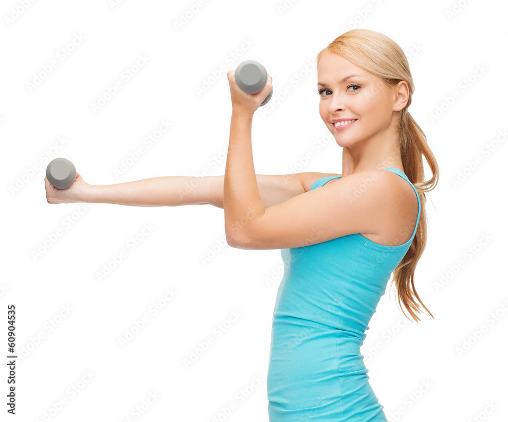 Poster young sporty woman with light dumbbells