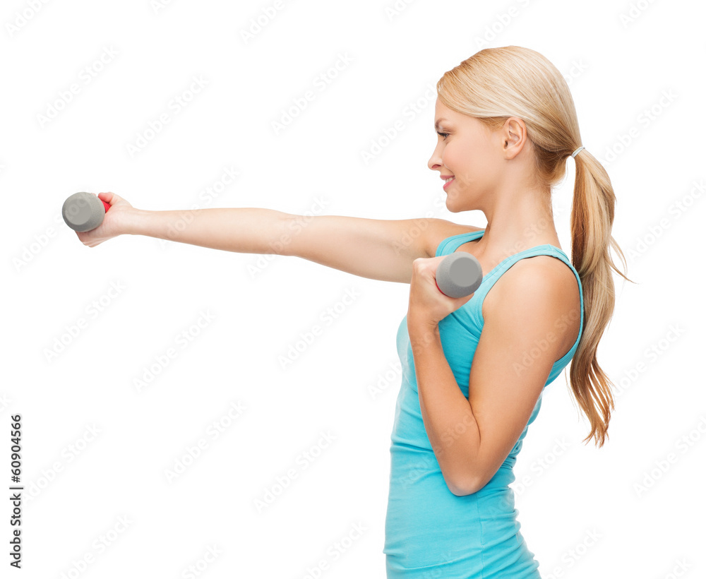 Poster young sporty woman with light dumbbells