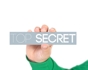 woman holding a label with top secret