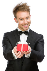 Half-length portrait of manager keeping gift box