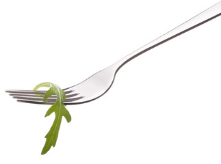 Fresh rucola  salad on fork isolated on white background cutout.
