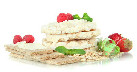Tasty crispbread with berries, isolated on white