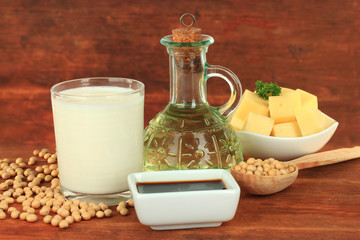Soy products on wooden background
