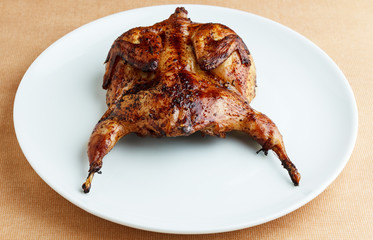 Roasted quail on a white plate close up