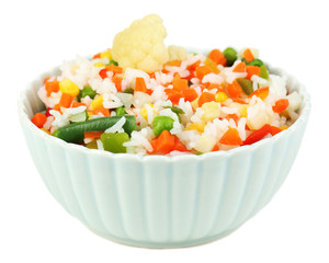 Cooked rice with vegetables isolated on white