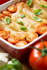 Tomaten-Nudelauflauf, überbacken mit Hefeschmelz