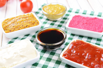 Various sauces on table close-up
