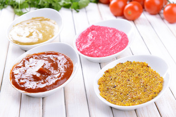 Various sauces on table close-up