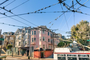 Foto op Canvas San Francisco victorian style and wire electrical net for Cable © Mirko Vitali