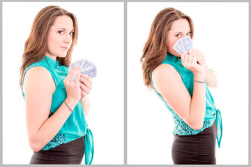 Atractive girl with playing cards isolated on white background