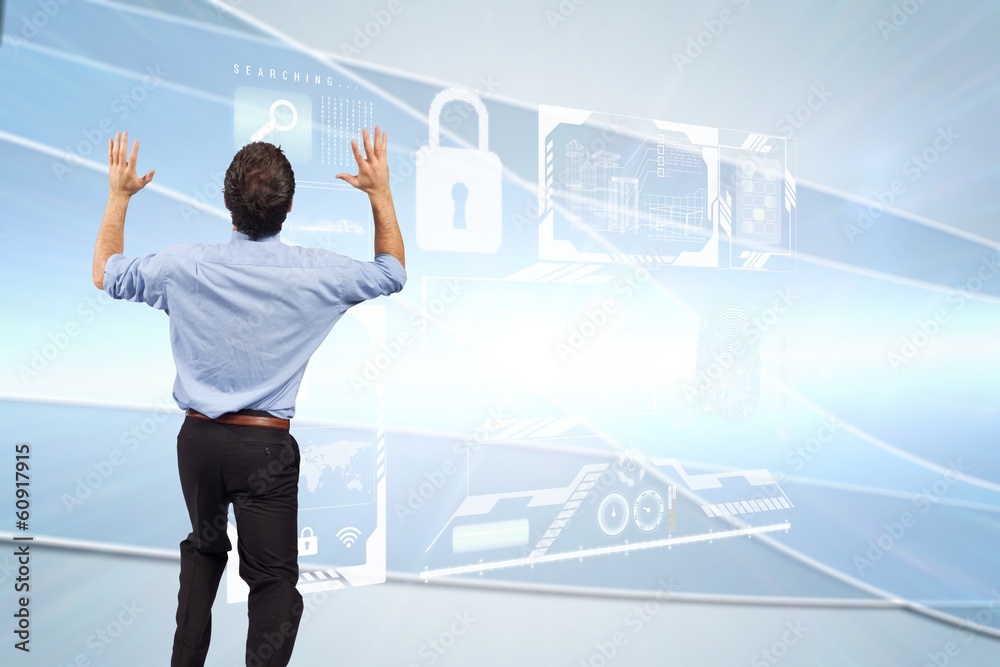 Poster composite image of businessman posing with arms up