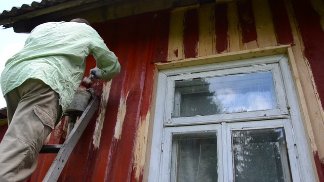 Painter man on ladder paint wood house wall with brush window