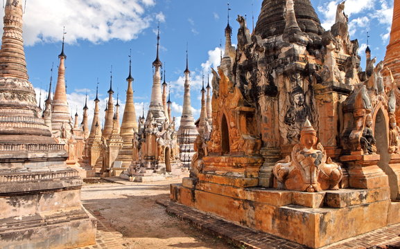 Ancient statue and bas-reliefs at Indein, Myanmar