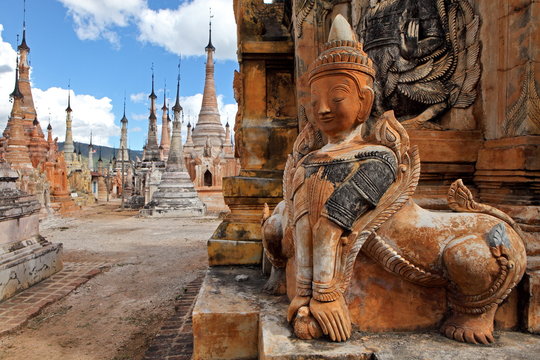 Ancient statue and bas-reliefs at Indein, Myanmar