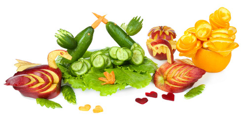 Carving vegetable and fruit patterns isolated on white