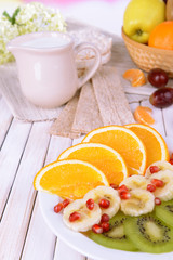 Sweet fresh fruits on plate on table close-up