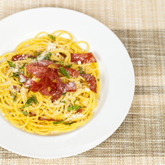 Pasta with crispy salami