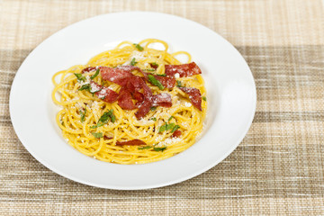 Pasta with crispy salami