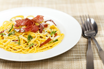 Pasta with crispy salami