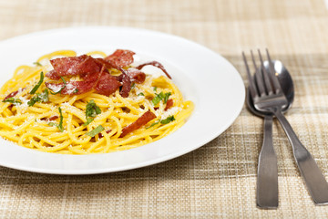 Pasta with crispy salami