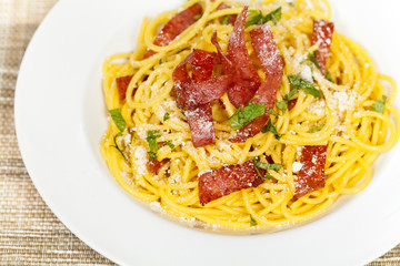 Pasta with crispy salami
