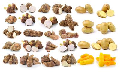 taro root and potato isolated on white background