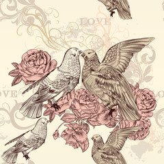 Beautiful vector seamless floral  pattern with roses and birds