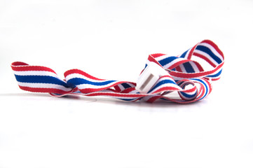 white  whistles with Thailand national flag lanyard on white bac