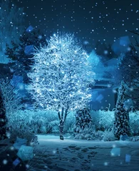 Foto auf Acrylglas Winter Beleuchtete Baumwintergarten-Schneefallphantasie