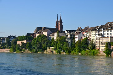 View of Basel and its Cathedral from the river Rhine