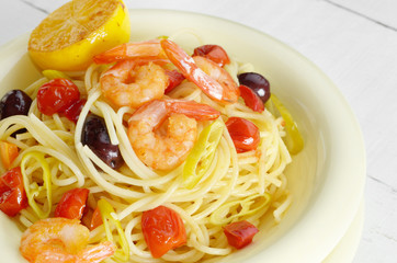 Seafood spaghetti pasta dish with shrimps