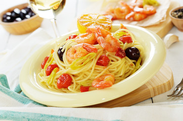 Seafood spaghetti pasta dish with shrimps