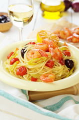 Seafood spaghetti pasta dish with shrimps