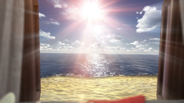 background with open window and ocean beach